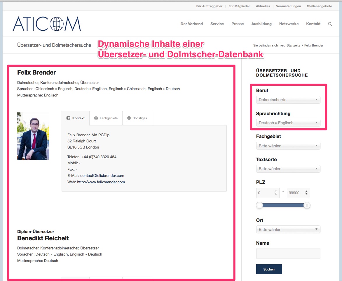Beispiel für dynamische Inhalte einer Uebersetzer- und Dolmetscher-Datenbank – bei ATICOM
