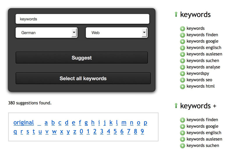 Das Keyword Tool Uebersuggest zur Keyword Recherche
