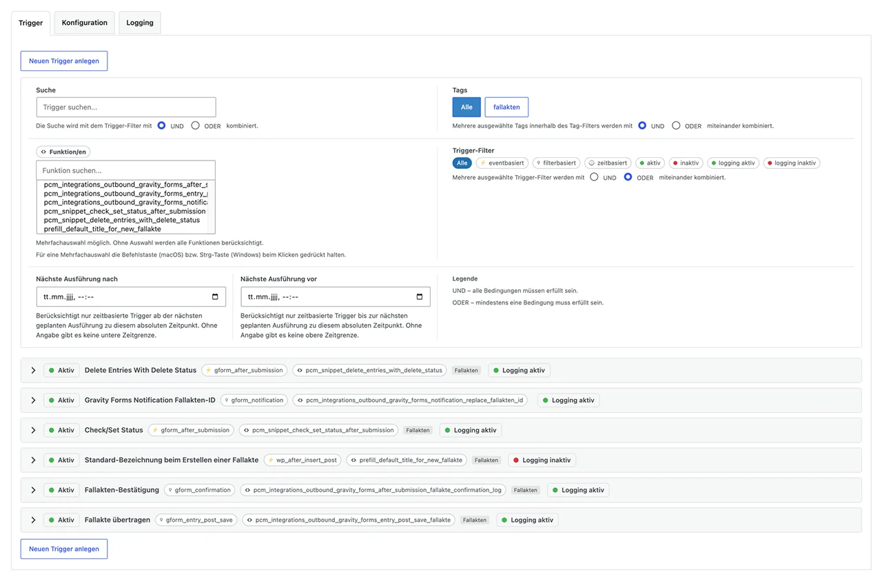 1146-solinet-Uebersicht-der-Skripte-im-PCM-Automator Beispiel des PCM Automators zur Steuerung der individuellen Skripte in einer WordPress-Website von PERIMETRIK®